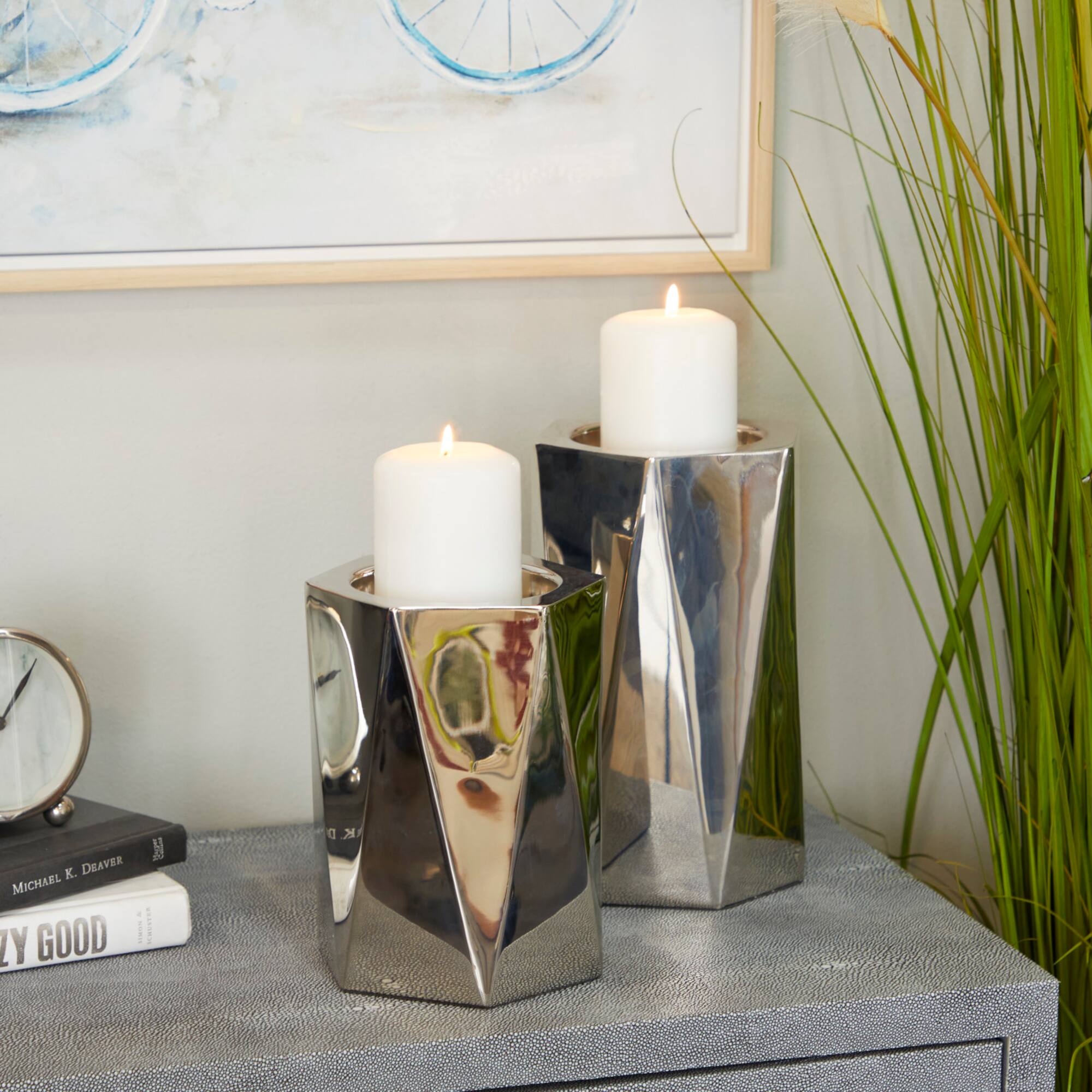 Silver Stainless Steel Glam Candle Holder, Set of 2" 10", 8"